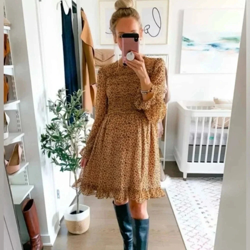 Rachel Parcell Leopard Print Tan Brown Smocked Puff Sleeve Mini Dress Size Small
